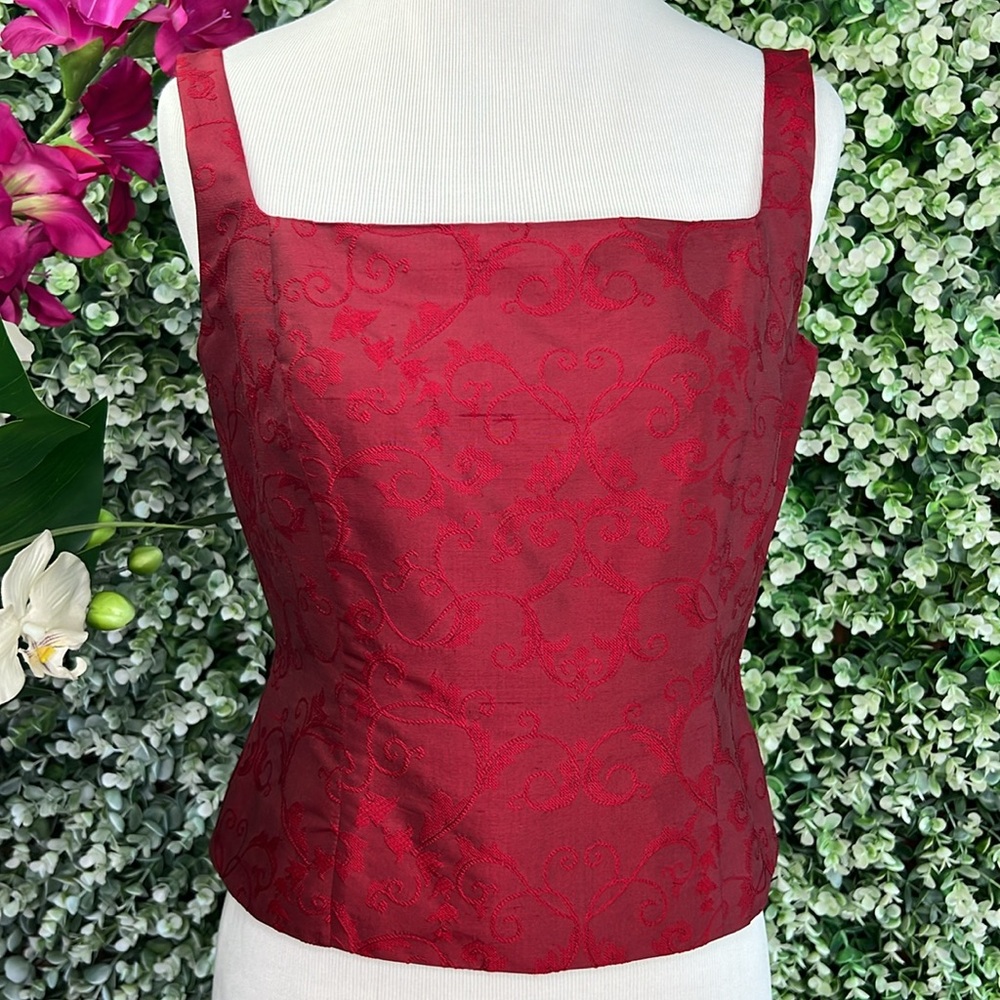 Ann Taylor LOFT Red Silk Embroidered Square Neckline Corset Crop Top